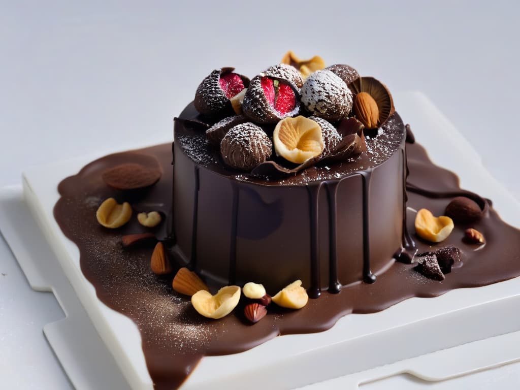  A closeup, ultradetailed image of a single homemade healthy truffle resting on a sleek, modern marble plate. The truffle is perfectly round, coated in rich dark chocolate, with delicate swirls of white chocolate drizzled on top. The glossy surface of the chocolate reflects soft ambient light, highlighting the intricate details of the confection. Crumbs of crushed nuts and dried fruits adorn the base of the truffle, adding a touch of rustic elegance to the minimalist composition. hyperrealistic, full body, detailed clothing, highly detailed, cinematic lighting, stunningly beautiful, intricate, sharp focus, f/1. 8, 85mm, (centered image composition), (professionally color graded), ((bright soft diffused light)), volumetric fog, trending on instagram, trending on tumblr, HDR 4K, 8K