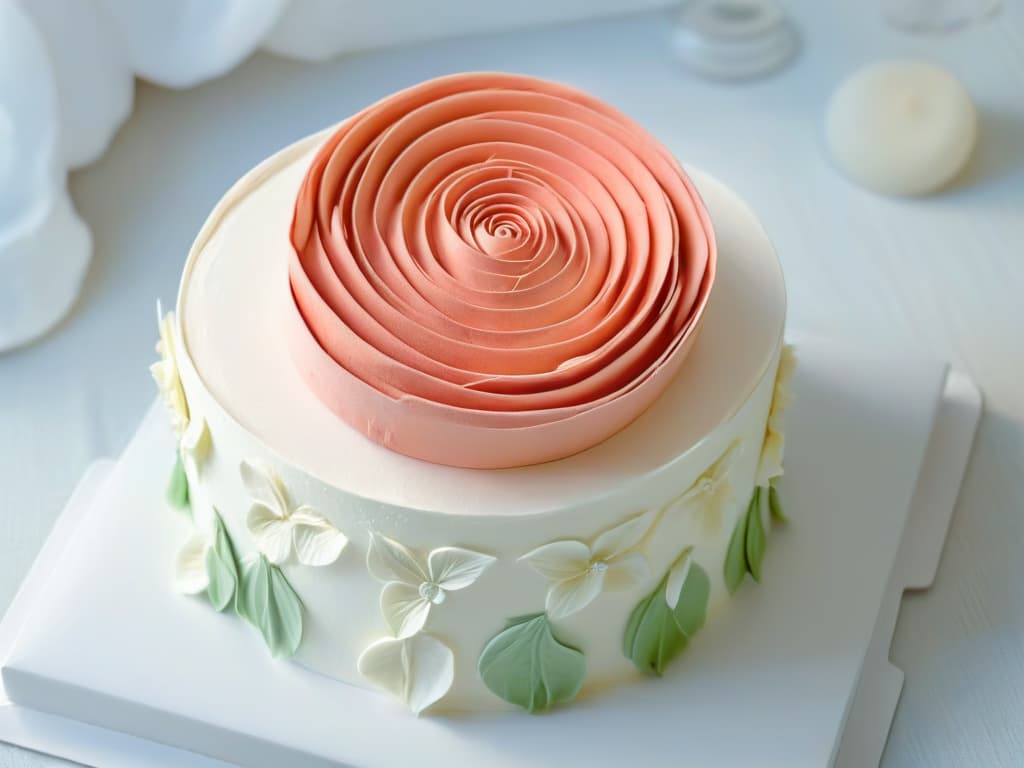  A closeup, highresolution image of a delicate, perfectly sculpted fondant rose placed on a flawlessly decorated cake. The focus is on the intricate details of the petal layers, showcasing the skill and artistry involved in pastry decoration. The color scheme is soft pastels, enhancing the elegant and professional aesthetic. hyperrealistic, full body, detailed clothing, highly detailed, cinematic lighting, stunningly beautiful, intricate, sharp focus, f/1. 8, 85mm, (centered image composition), (professionally color graded), ((bright soft diffused light)), volumetric fog, trending on instagram, trending on tumblr, HDR 4K, 8K