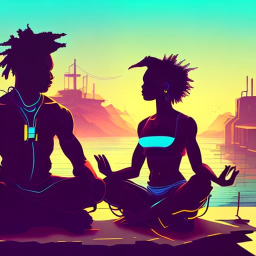 nvinkpunk African American woman and man meditating in the sun and its rays with Ghana backdrop