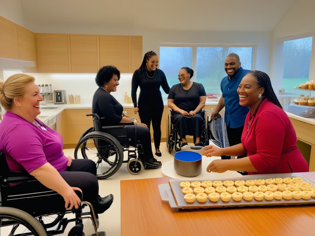  A photorealistic image of a diverse group of people with various disabilities engaged in a baking therapy session. The image shows individuals in wheelchairs, using sign language, and with visual impairments, all smiling and working together in a bright and welcoming kitchen setting. Each person is actively participating in different baking tasks, such as mixing ingredients, decorating cupcakes, and sharing laughs, showcasing the therapeutic benefits of baking for individuals with disabilities. The atmosphere is warm and inclusive, capturing the essence of empowerment and joy through baking therapy. hyperrealistic, full body, detailed clothing, highly detailed, cinematic lighting, stunningly beautiful, intricate, sharp focus, f/1. 8, 85mm, (centered image composition), (professionally color graded), ((bright soft diffused light)), volumetric fog, trending on instagram, trending on tumblr, HDR 4K, 8K