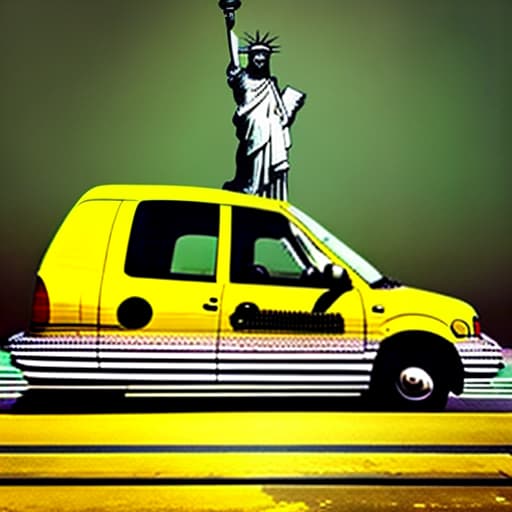 estilovintedois A playful photo montage of a yellow taxi cab playing hide and seek with the Statue of Liberty