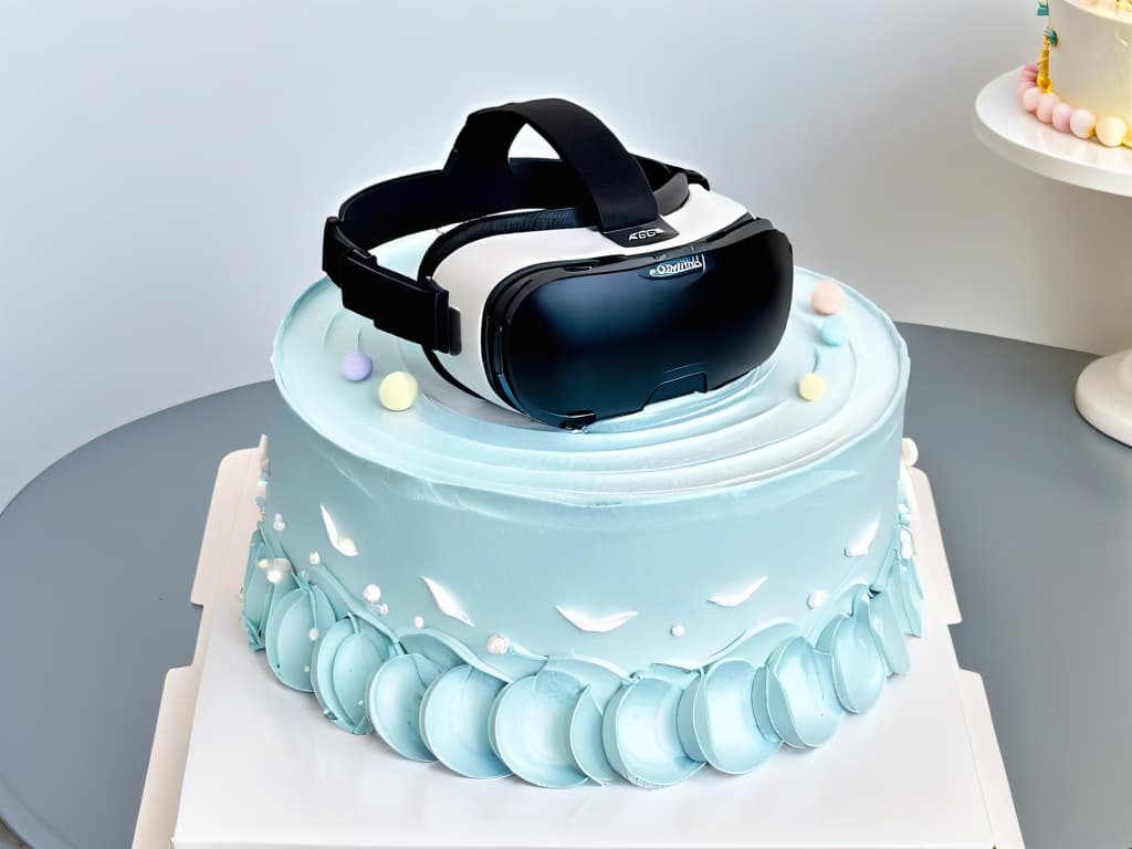  A highresolution, ultradetailed image of a sleek, futuristic virtual reality headset hovering above a beautifully decorated cake, showcasing intricate details like tiny edible VR goggles on the cake's frosting, surrounded by digital confectionery elements in a minimalist color palette of whites, grays, and soft pastels. hyperrealistic, full body, detailed clothing, highly detailed, cinematic lighting, stunningly beautiful, intricate, sharp focus, f/1. 8, 85mm, (centered image composition), (professionally color graded), ((bright soft diffused light)), volumetric fog, trending on instagram, trending on tumblr, HDR 4K, 8K