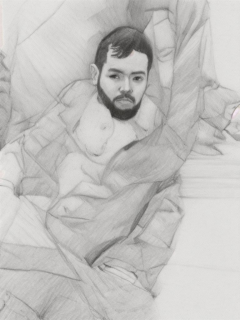 simple sketch, pencil sketch,a black & white pencil sketch: a man in a grey shirt holds a , clad in a floral onesie & socks, on his as they sit on a bench., minimalistic hand drawn sketch, clean lines, simple details, sketch artstyle, grayscale, monochrome, solo subject, white background, light shading