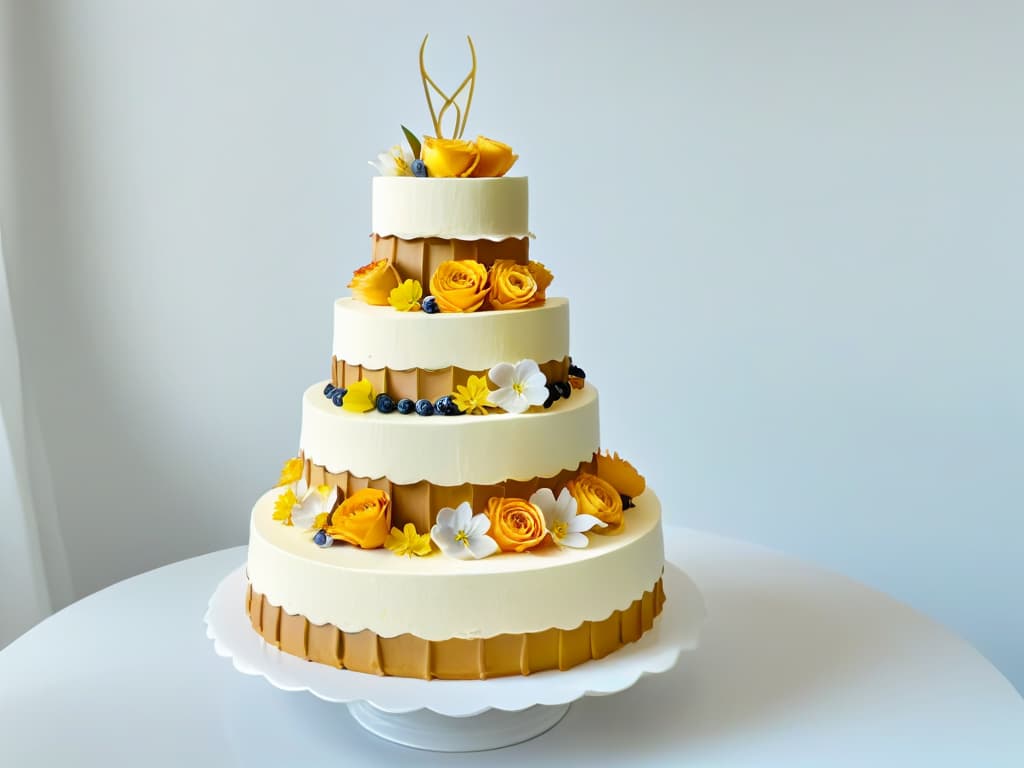  An intricately designed cake stand holding a selection of exquisite French pastries, each delicately decorated with fine details like edible flowers and gold leaf accents, set against a clean, white backdrop to highlight the elegance and artistry of Éric Lanlard's creations. hyperrealistic, full body, detailed clothing, highly detailed, cinematic lighting, stunningly beautiful, intricate, sharp focus, f/1. 8, 85mm, (centered image composition), (professionally color graded), ((bright soft diffused light)), volumetric fog, trending on instagram, trending on tumblr, HDR 4K, 8K