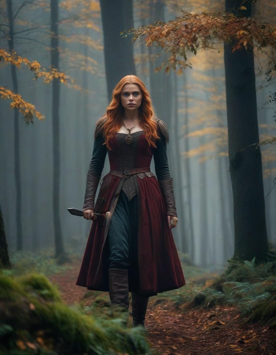  cinematic film still The era of medieval wars, a frame from a film, the most detailed image, cloudy and foggy autumn morning, rain, Chloe Grace Moretz with long light red hair, in a dark forest robber costume, holding a hunting knife in her right hand, with a combat dynamic expressive pose, prepared for battle, forest, maximum detail, especially carefully drawn faces, the maximum correspondence of historical medieval clothes, small details, the most correct anatomy, . shallow depth of field, vignette, highly detailed, high budget, bokeh, cinemascope, moody, epic, gorgeous, film grain, grainy hyperrealistic, full body, detailed clothing, highly detailed, cinematic lighting, stunningly beautiful, intricate, sharp focus, f/1. 8, 85mm, (centered image composition), (professionally color graded), ((bright soft diffused light)), volumetric fog, trending on instagram, trending on tumblr, HDR 4K, 8K