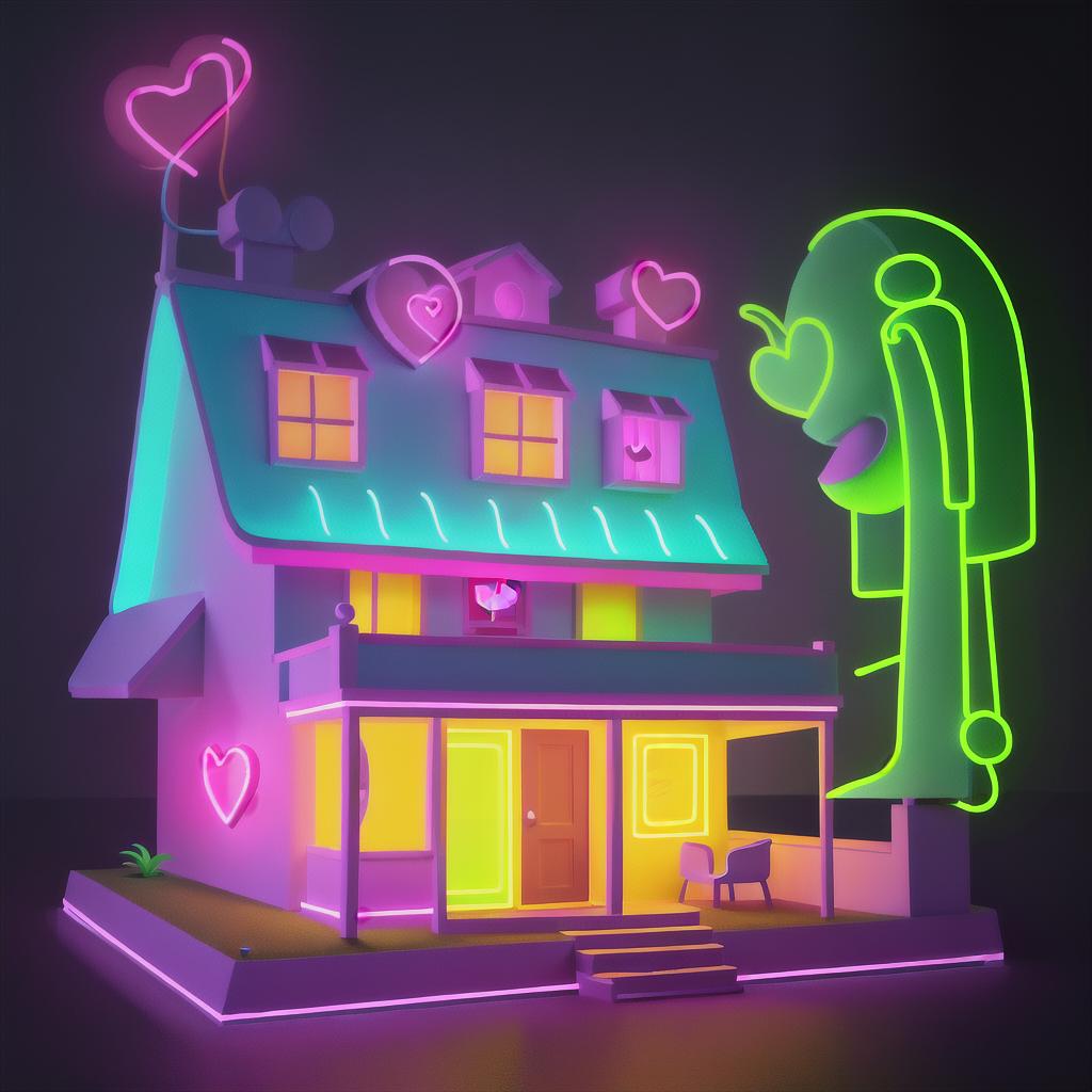 masterpiece, best quality, unskilled drawing, two-dimensional, drawing, undetailed, one-line drawing, neon illustration style, very simple, undetailed neon house with a heart drawing, neon details only, no background images, few details, all captured in stunning 8k resolution, bright colors, dark background