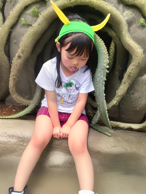  Elementary  student being stroked by tentacles, full body, eyes closed, mouth slightly open, soaking , .
