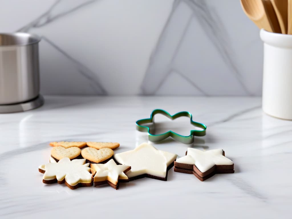  A closeup, ultradetailed image of a variety of creatively shaped cookie cutters laid out on a sleek, modern kitchen countertop. The cookie cutters are in various shapes and sizes, showcasing intricate designs like stars, hearts, animals, and seasonal motifs. The countertop is a pristine white marble, providing a clean and elegant backdrop to the vibrant and colorful cookie cutters. Each cutter reflects light, emphasizing its quality and craftsmanship, while the overall composition is minimalist yet visually striking. hyperrealistic, full body, detailed clothing, highly detailed, cinematic lighting, stunningly beautiful, intricate, sharp focus, f/1. 8, 85mm, (centered image composition), (professionally color graded), ((bright soft diffused light)), volumetric fog, trending on instagram, trending on tumblr, HDR 4K, 8K