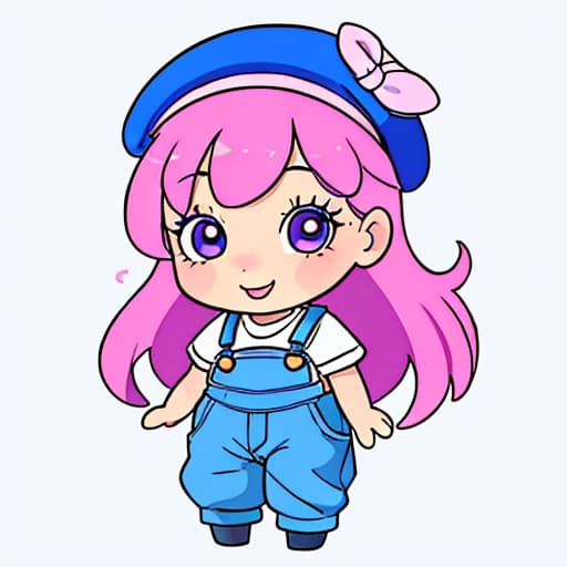  cute chibi-style cartoon doll wearing french beret and checkered overalls, large watery eyes. doll holding a bunch of cute flowers. full shot, wide shot. complementary colors, cute. ultradetailed cartoon illustration, volumetric lighting. slightly 3d. blurred home background.