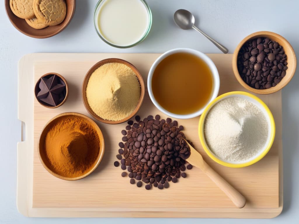  A beautifully arranged flat lay image of key ingredients for vegan cookies on a light wooden cutting board. The image includes a bowl of almond flour, a jar of maple syrup, a pile of vegan chocolate chips, a small dish of flax seeds, a measuring cup of coconut oil, and a sprig of fresh mint for garnish. Each item is meticulously placed with precision, showcasing the natural colors and textures of the ingredients in a visually appealing and minimalist composition. hyperrealistic, full body, detailed clothing, highly detailed, cinematic lighting, stunningly beautiful, intricate, sharp focus, f/1. 8, 85mm, (centered image composition), (professionally color graded), ((bright soft diffused light)), volumetric fog, trending on instagram, trending on tumblr, HDR 4K, 8K