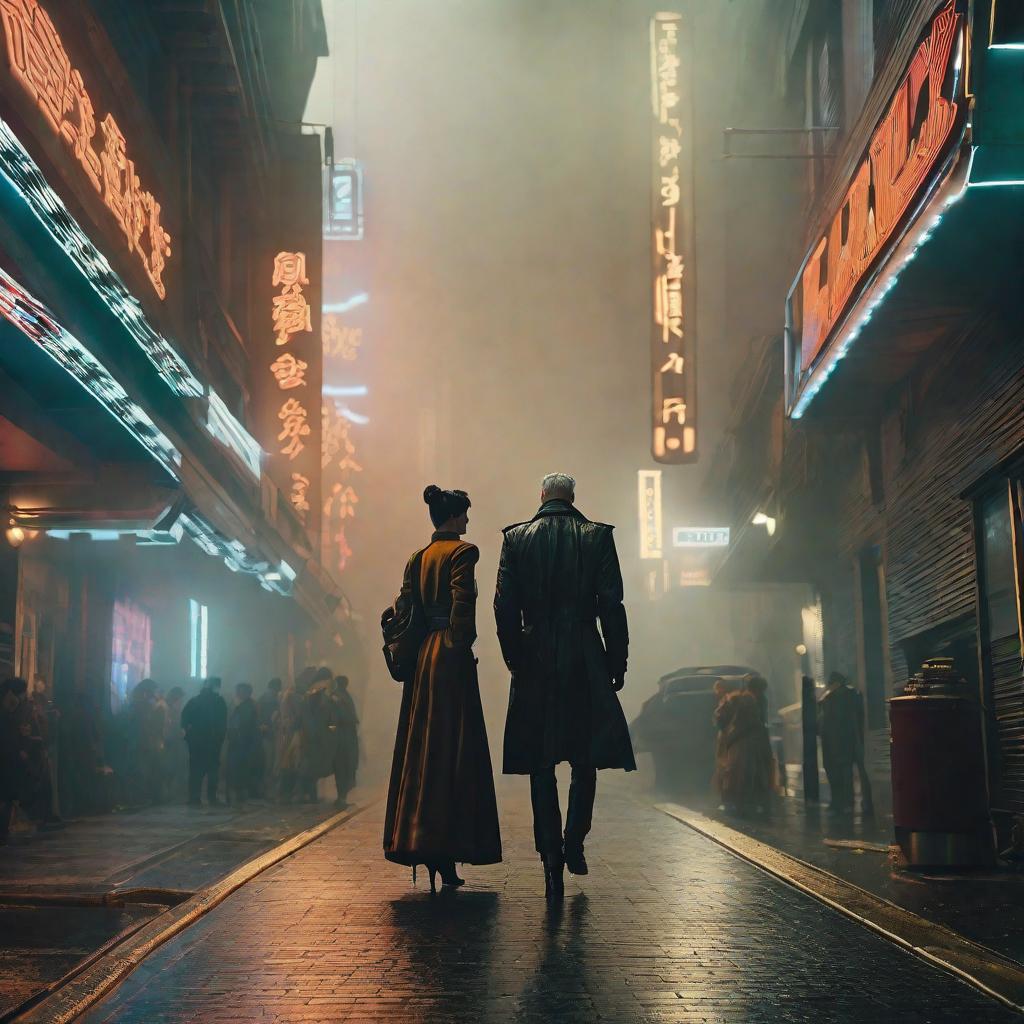  Animes en la escena de la escalera de blade runner hyperrealistic, full body, detailed clothing, highly detailed, cinematic lighting, stunningly beautiful, intricate, sharp focus, f/1. 8, 85mm, (centered image composition), (professionally color graded), ((bright soft diffused light)), volumetric fog, trending on instagram, trending on tumblr, HDR 4K, 8K