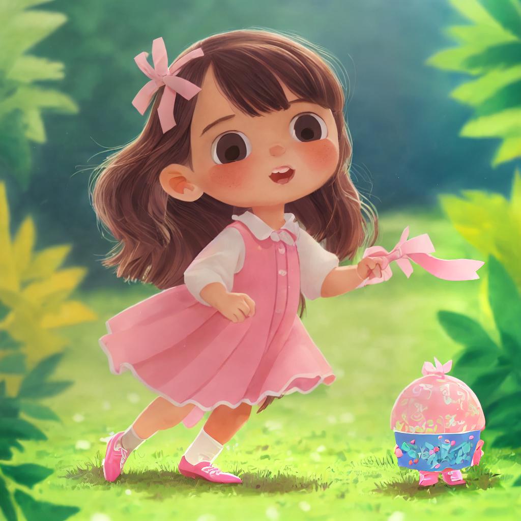  (best quality:1.5), (realistic:1.0), long brown hair, 1girl, pink dress, blue ribbon, running, dim light