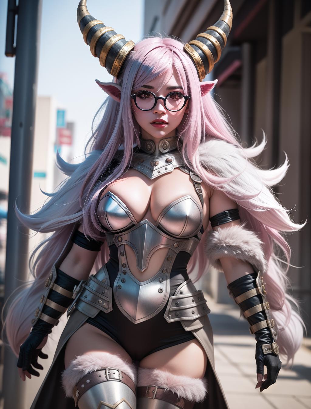  Goatwoman with medium sized horns in pastel grey pink hair and glasses 2D defined body with hooves furry skin wearing a Gladiator outfit hyper realistic expressionism hyperdetailed 38k cellular atomic neural network hyperbolic structure