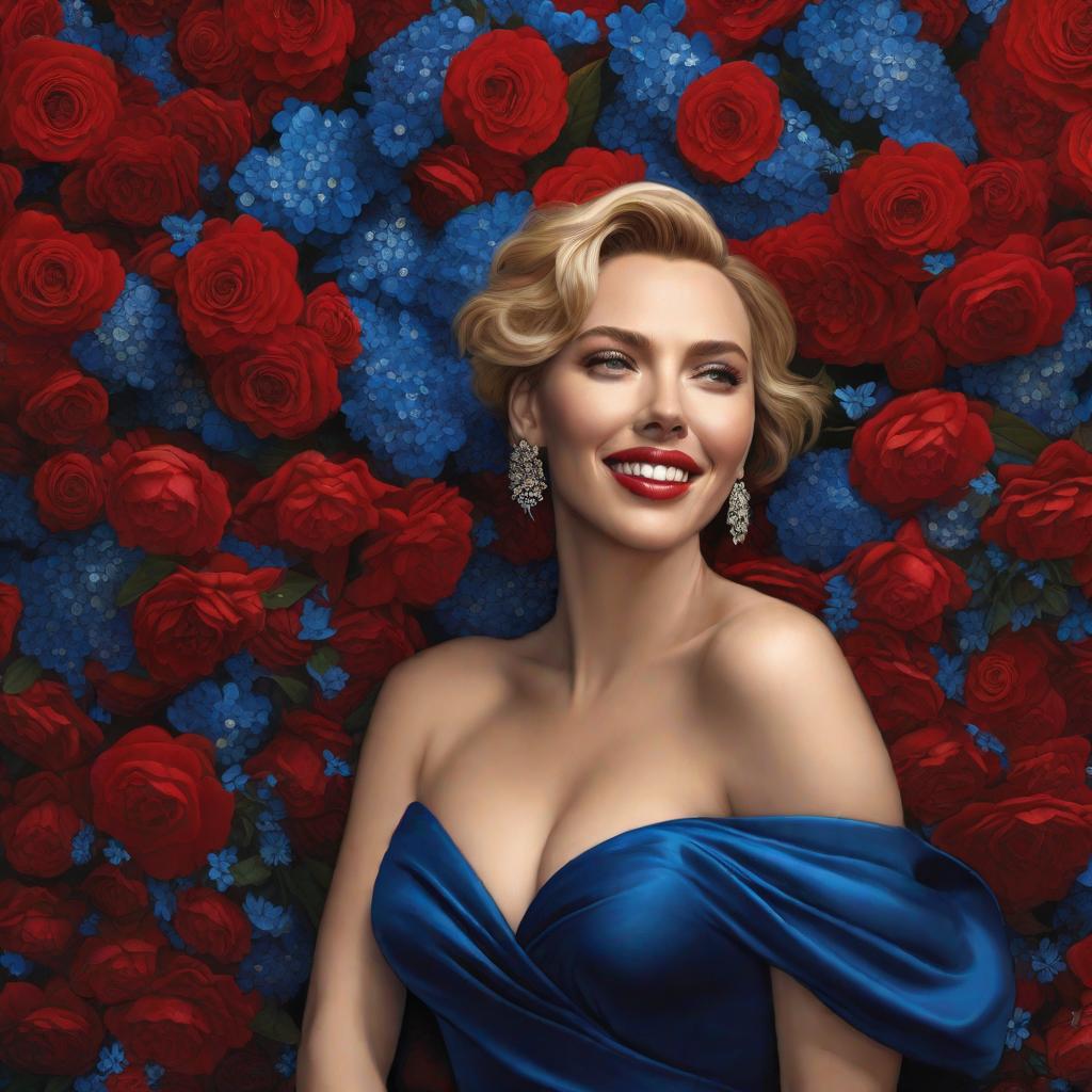  Scarlett Johansson sonriendo con un hermoso vestido rojo y azul entre flores amarillas , realistic, portrait, art by donato giancola and greg rutkowski, realistic face, digital art, trending on artstation hyperrealistic, full body, detailed clothing, highly detailed, cinematic lighting, stunningly beautiful, intricate, sharp focus, f/1. 8, 85mm, (centered image composition), (professionally color graded), ((bright soft diffused light)), volumetric fog, trending on instagram, trending on tumblr, HDR 4K, 8K