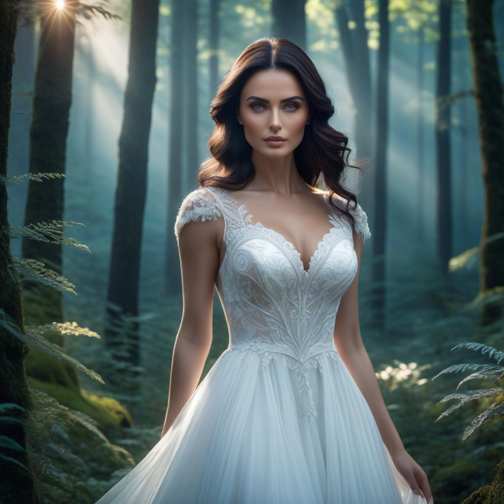  A young in a white dress, dark hair, against a forest background, clear focus, distinctly vivid eyes, well drawn details, bright eyes, beautiful portrait ilration, portrait in the style of fantasy, no makeup, no cosmetics on the face, blue and white flashes, bright colors, vivid eyes, intricate design, highly detailed, clear focus. 8K, high resolution, elegant. hyperrealistic, full body, detailed clothing, highly detailed, cinematic lighting, stunningly beautiful, intricate, sharp focus, f/1. 8, 85mm, (centered image composition), (professionally color graded), ((bright soft diffused light)), volumetric fog, trending on instagram, trending on tumblr, HDR 4K, 8K