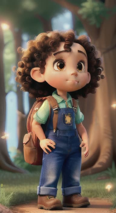  {The tree shining brightly and releasing a gentle, magical light., Riley, a curious with big brown eyes and curly hair, wearing overalls and carrying a small backpack. Their friend, Skye, a bluebird with shiny feathers.