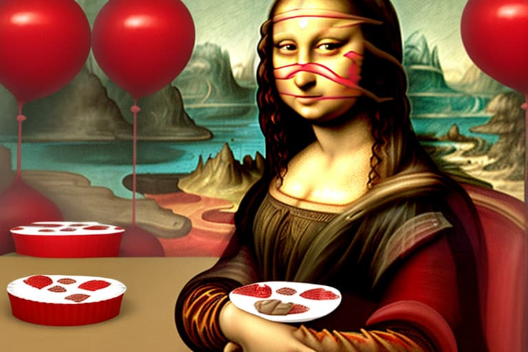  The Mona Lisa holding a white plate of fine dark chocolate candy pieces in red candy cups. Enlarge background. Painted in the style of Leonardo Da Vinci.