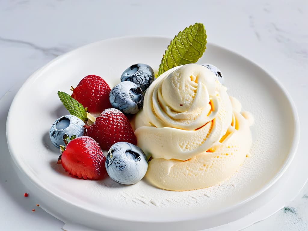  An ultradetailed closeup image of a scoop of creamy, homemade glutenfree ice cream, garnished with fresh berries and mint leaves, set against a sleek, modern white backdrop. The ice cream is perfectly swirled and glistens invitingly, showcasing a variety of vibrant colors and textures. The image captures the luxurious simplicity and freshness of homemade glutenfree ice cream, enticing viewers with its elegant presentation and delicious appeal. hyperrealistic, full body, detailed clothing, highly detailed, cinematic lighting, stunningly beautiful, intricate, sharp focus, f/1. 8, 85mm, (centered image composition), (professionally color graded), ((bright soft diffused light)), volumetric fog, trending on instagram, trending on tumblr, HDR 4K, 8K