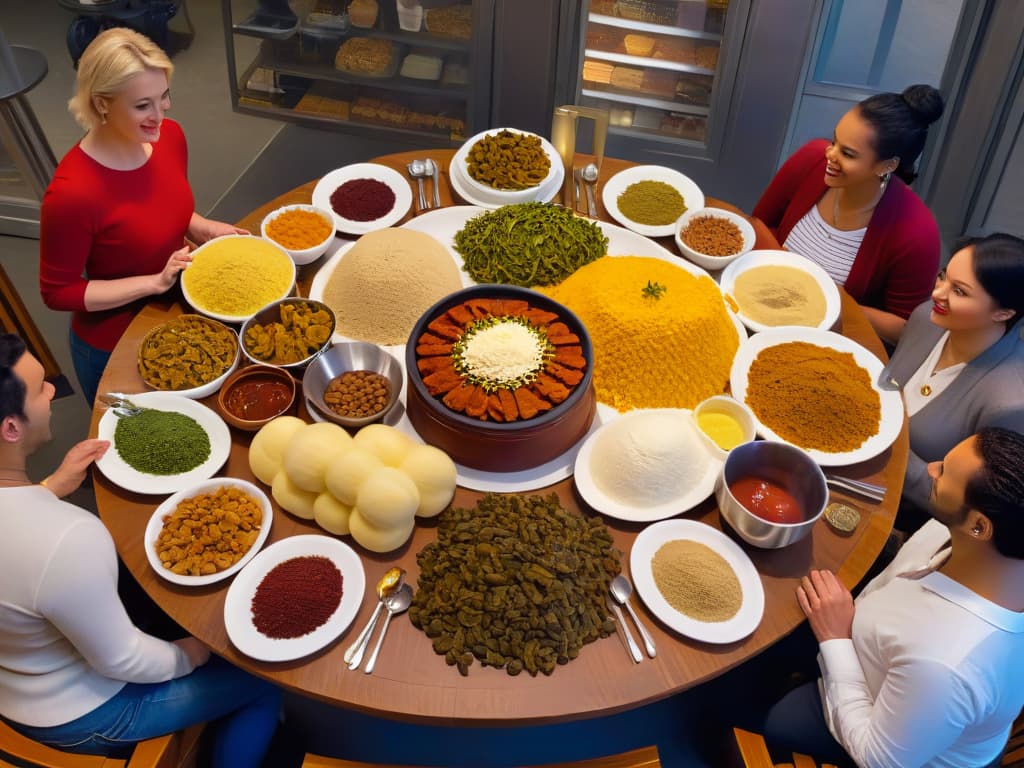  A closeup, photorealistic image of a diverse group of people smiling and sharing a meal together at a beautifully set dining table. The table is adorned with various dishes made from alternative flours, showcasing the versatility and deliciousness of these products. The background features a warm, inviting kitchen setting with shelves filled with different brands of alternative flours, emphasizing the concept of leading brands in the market. hyperrealistic, full body, detailed clothing, highly detailed, cinematic lighting, stunningly beautiful, intricate, sharp focus, f/1. 8, 85mm, (centered image composition), (professionally color graded), ((bright soft diffused light)), volumetric fog, trending on instagram, trending on tumblr, HDR 4K, 8K