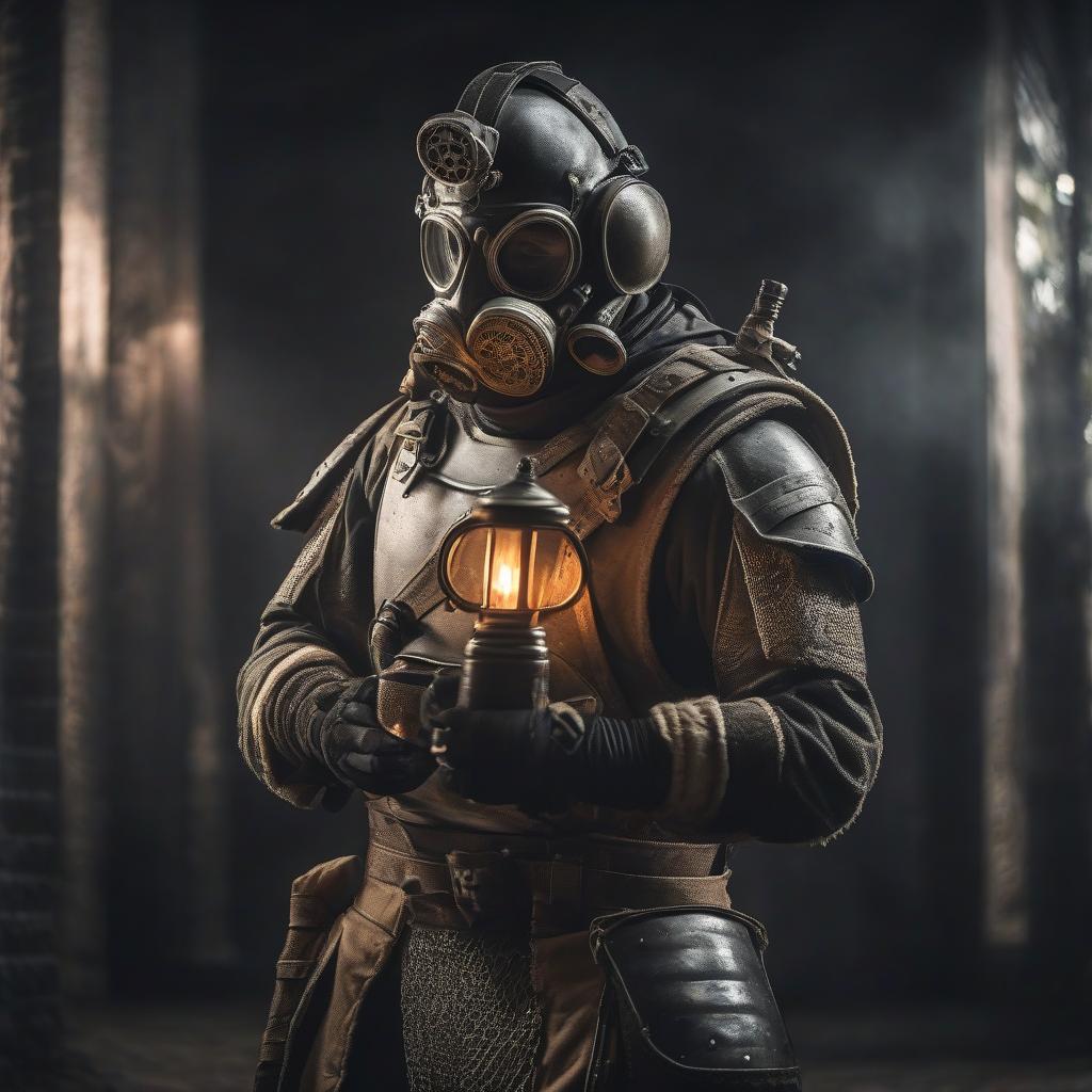  A stalker in armour and gas mask, stands straight, looking at the screen, holding a candle in his hands. hyperrealistic, full body, detailed clothing, highly detailed, cinematic lighting, stunningly beautiful, intricate, sharp focus, f/1. 8, 85mm, (centered image composition), (professionally color graded), ((bright soft diffused light)), volumetric fog, trending on instagram, trending on tumblr, HDR 4K, 8K