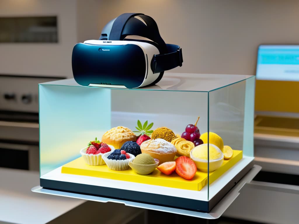  A closeup, ultradetailed image of a hand holding a virtual reality headset, with a holographic display of various ecofriendly baking ingredients floating in the air. The background is a sleek, futuristic kitchen environment with minimalistic design elements, emphasizing the intersection of technology and sustainable baking practices. The holographic ingredients include organic flour, locally sourced fruits, and compostable packaging, showcasing the innovative use of augmented reality in selecting ecofriendly ingredients for baking. hyperrealistic, full body, detailed clothing, highly detailed, cinematic lighting, stunningly beautiful, intricate, sharp focus, f/1. 8, 85mm, (centered image composition), (professionally color graded), ((bright soft diffused light)), volumetric fog, trending on instagram, trending on tumblr, HDR 4K, 8K