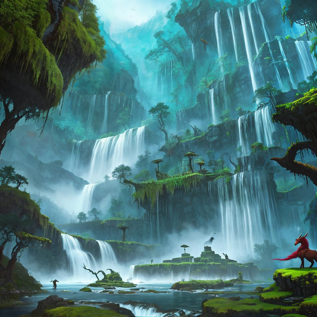  in a fantasy setting, Paint a surreal landscape where mythical beasts roam amidst cascading waterfalls.