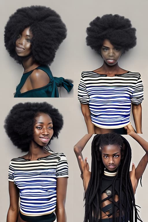  A lady on a full black center part Afro that reaches her neck. She’s wearing a blue and white horizontal stripes short sleeve crop top. She has on a pair of dark green baggy combat trousers. Her hands are folded in front of her. Make her look like an anime character