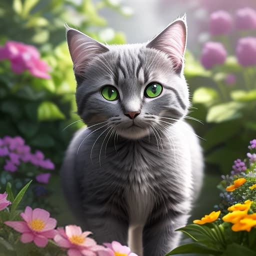  Masterpiece. Highly detailed, Flower bed in the garden. A gray cat jumps and catches a butterfly., cute , furry , expressive , by Seth Casteel , Carli Davidson , Rachael Hale McKenna, Kaylee Greer, Sophie Gamand hyperrealistic, full body, detailed clothing, highly detailed, cinematic lighting, stunningly beautiful, intricate, sharp focus, f/1. 8, 85mm, (centered image composition), (professionally color graded), ((bright soft diffused light)), volumetric fog, trending on instagram, trending on tumblr, HDR 4K, 8K