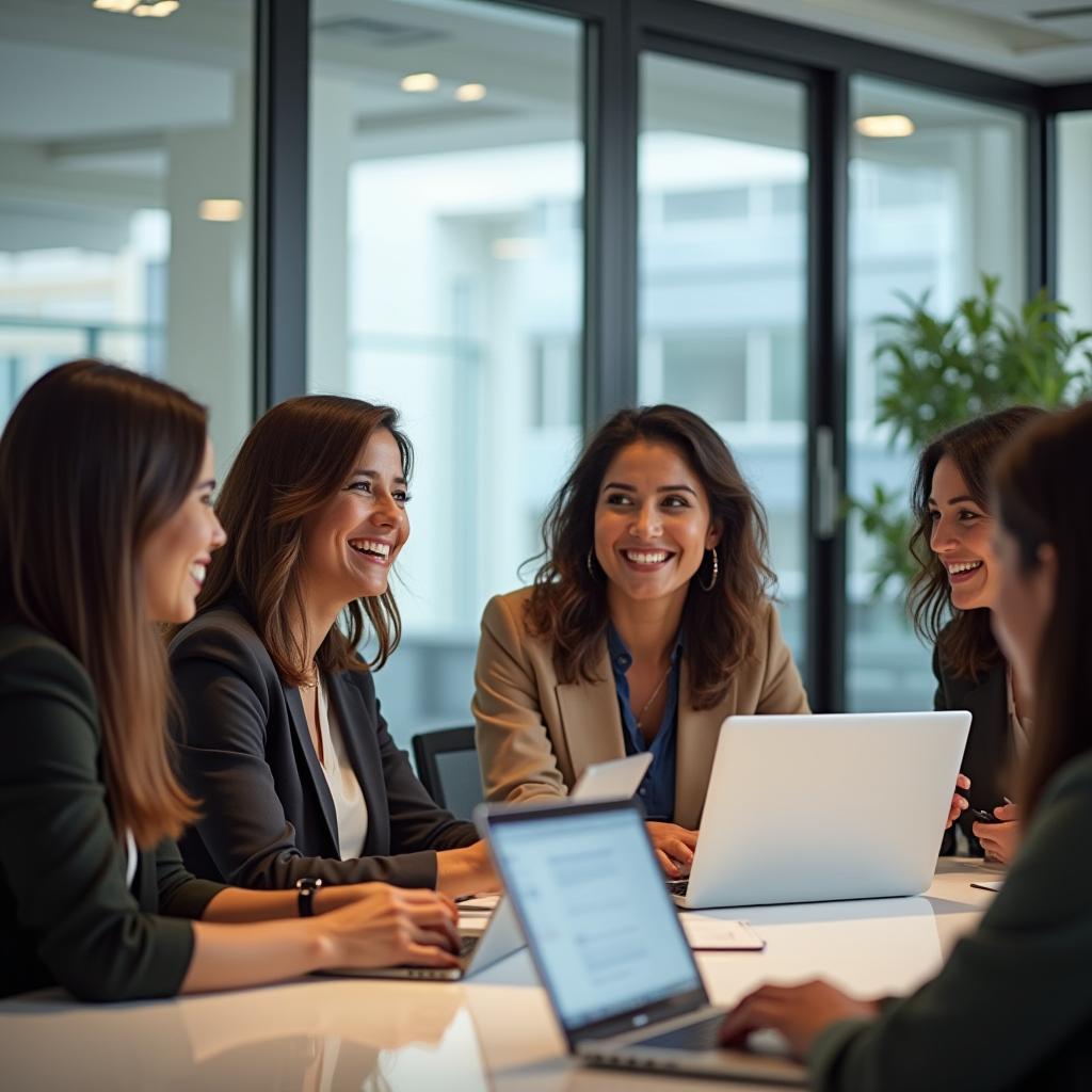  good quality, high quality, empowered hispanic businesswomen. diverse group collaborating in modern meeting room, exchanging innovative ideas. professional attire and utilizing laptops. workplace diversity and female leadership.