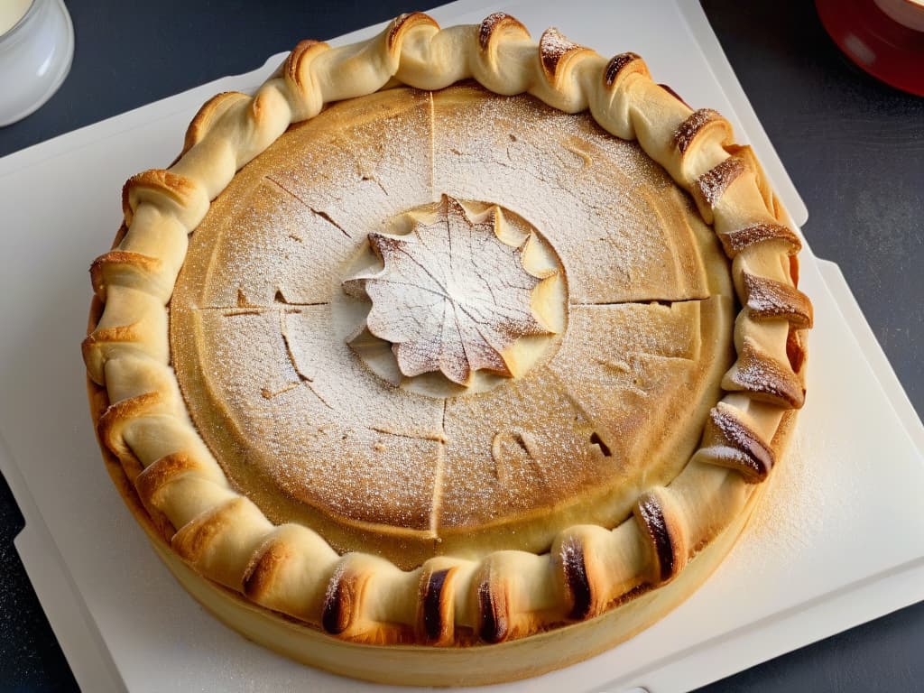  A closeup, ultradetailed image of a perfectly goldenbrown pie crust, with visible layers of flaky pastry delicately stacked on top of each other. The crust is adorned with a light dusting of flour, showcasing a symmetrical pattern of tiny fork indentations along the edges. The lighting is soft, highlighting the texture and color variations of the crust, creating a visually appealing and appetizing minimalist composition. hyperrealistic, full body, detailed clothing, highly detailed, cinematic lighting, stunningly beautiful, intricate, sharp focus, f/1. 8, 85mm, (centered image composition), (professionally color graded), ((bright soft diffused light)), volumetric fog, trending on instagram, trending on tumblr, HDR 4K, 8K