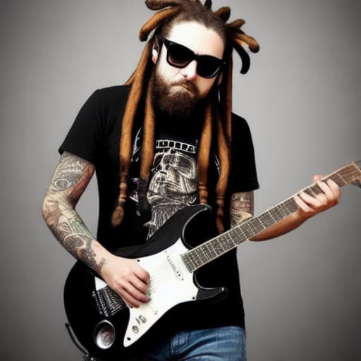  Gato guitarrista de rock con rastas gafas de sol camiseta negra brazos tatuados