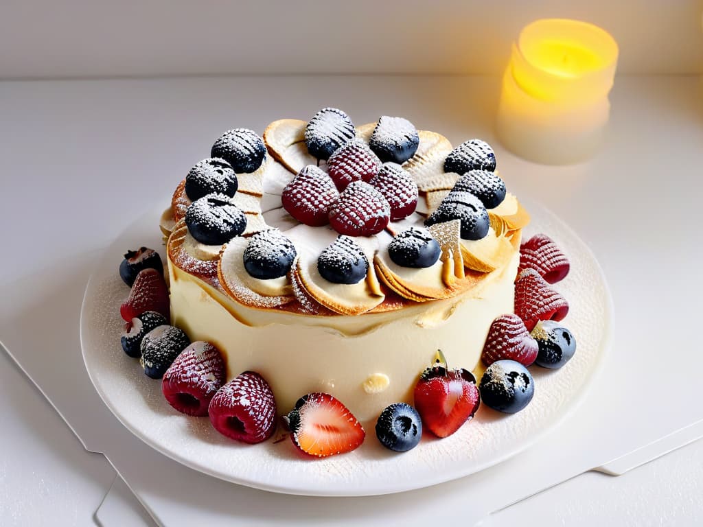  An ultradetailed closeup image of a delicate, intricately designed pastry with layers of flaky crust, rich cream filling, and fresh berries on top, all placed on a simple, elegant white plate. The lighting is soft, emphasizing the textures and colors of the dessert, showcasing the artistry and craftsmanship that goes into creating a memorable pastry menu. hyperrealistic, full body, detailed clothing, highly detailed, cinematic lighting, stunningly beautiful, intricate, sharp focus, f/1. 8, 85mm, (centered image composition), (professionally color graded), ((bright soft diffused light)), volumetric fog, trending on instagram, trending on tumblr, HDR 4K, 8K