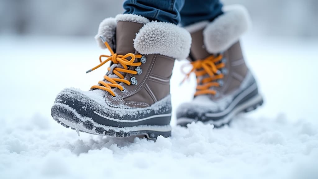  good quality, high quality, 3d flying winter boots with frost covered soles isolated on white winter adventure gear & fashion icon, close up details on soles