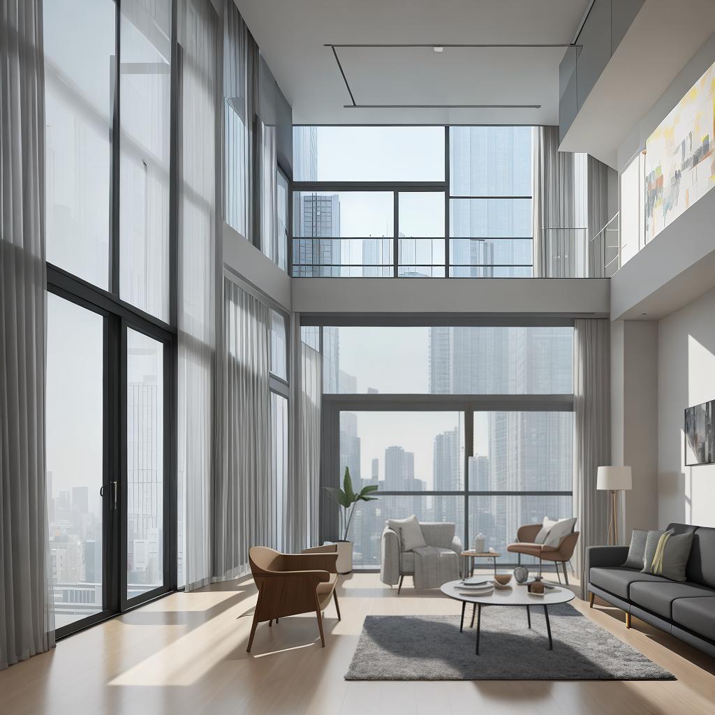  masterpiece, best quality, Best Quality, Masterpiece, 8k resolution,high resolution concept art of an apartment living room with floor to ceiling windows and modern furniture