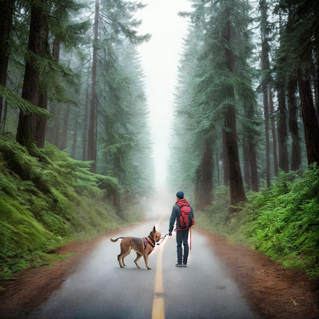  A guy of athletic build stands with his dog against the background of a forest and a road in the anime style ,highly detailed, cinematic lighting, stunningly beautiful, intricate, sharp focus, f1. 8, 85mm, (centered image composition), (professionally color graded), ((bright soft diffused light)), volumetric fog, trending on instagram, trending on tumblr, HDR 4K, 8K
