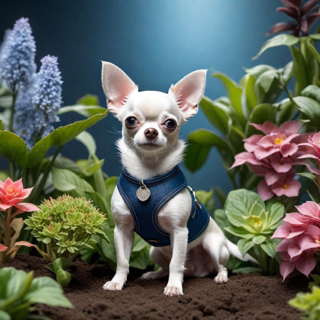  a blue nose chihuahua with a beautiful garden on its back hyperrealistic, full body, detailed clothing, highly detailed, cinematic lighting, stunningly beautiful, intricate, sharp focus, f/1. 8, 85mm, (centered image composition), (professionally color graded), ((bright soft diffused light)), volumetric fog, trending on instagram, trending on tumblr, HDR 4K, 8K