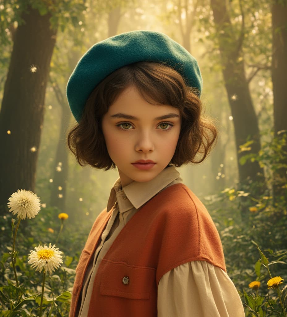  good quality, high quality, a young with short, slightly curly dark hair and expressive eyes, wearing a teal beret and a warm toned, rustic outfit with a red orange top and cream colored sleeves. she stands amidst a dreamy, ethereal forest backdrop with soft, glowing light and dandelions floating in the air. the color palette is a mix of deep greens, warm oranges, and soft yellows, with a painterly, textured, and slightly impressionistic style. the overall mood is calm, serene, and introspective, realistic