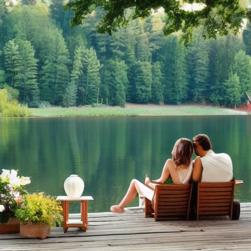  two lovers are sitting on the porch of a fabulous house by the lake shore