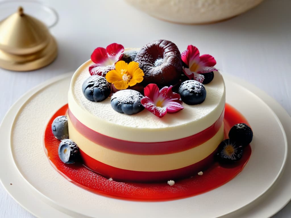  A closeup, highresolution image of a beautifully intricate, deconstructed dessert on a sleek, modern plate. The dessert consists of delicate layers of sponge cake, glossy fruit compote, and creamy mousse, garnished with edible flowers and gold leaf. The focus is on the exquisite details of the dessert, showcasing the precision and artistry involved in its creation. The background is a soft, neutral tone, emphasizing the elegance and sophistication of the dessert presentation. hyperrealistic, full body, detailed clothing, highly detailed, cinematic lighting, stunningly beautiful, intricate, sharp focus, f/1. 8, 85mm, (centered image composition), (professionally color graded), ((bright soft diffused light)), volumetric fog, trending on instagram, trending on tumblr, HDR 4K, 8K