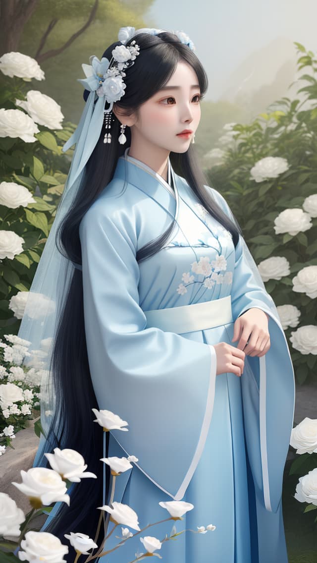  masterpiece, best quality, (Fidelity: 1.4), Best Quality, Masterpiece, Ultra High Resolution, Poster, Fantasy Art, Very Detailed Faces, 8k resolution, Chinese Style, An woman, Side Face, Quiet, Light Blue Hanfu, Tulle Coat, Long Black Hair, Light Blue Fringed Hair Ornament, Hairpin, White Ribbon, White Flower Bush, Light Blue Butterfly Flying, cinematic lighting effects