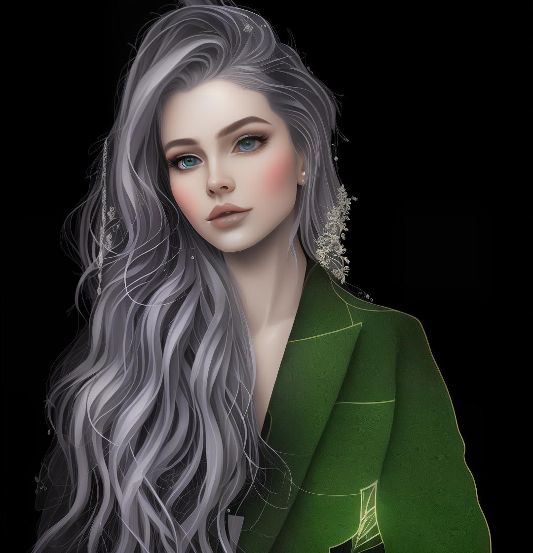 mdjrny-v4 style Create a Fantasy style avatar of a female Elf. Prominent Elf Ears, ears should be pointed, long, sharp, visible behind the hair. The character should have long, flowing silver hair, caught in a bun, adorned with delicate flowers. Her eyes should be almond shaped and bright green. She should wear an elegant, fitted tunic with intricate leaf patterns and embroidery. Her ears should be pointed and prominent, a defining feature of Elves. She should have a graceful and slender build, with pale, smooth skin.