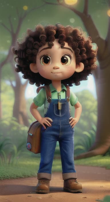  {The tree with a twinkling eye, while its leaves gently rustle., Riley, a curious with big brown eyes and curly hair, wearing overalls and carrying a small backpack. Their friend, Skye, a bluebird with shiny feathers.