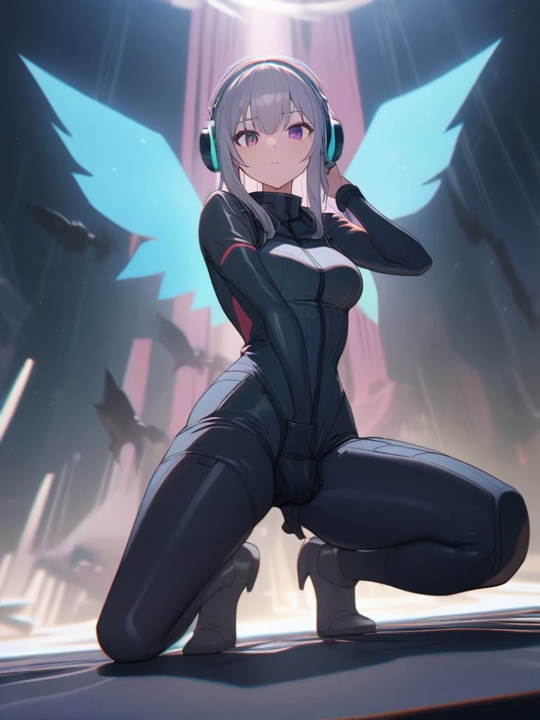  Highest quality, highest image quality, masterpieces, games, s ((mechanic suit: 1.3, , s and , mechanic suit: 1.3)), , , cute, bad bust, large ligament , Beautifully shining purple eyes, greatly ing , long hair, slender, large valley, warrior movement, sharp claws, headphones, black and bright wings (poses to legs, fighting poses: 1.2), during shooting, scattering, full sprinting sensation), high quality, beautiful art, background ((space battlefield)), depth (earth), table top, depth of field, movie style, masterpiece, best quality,8k,ultra detailed,high resolution,an extremely delicate and beautiful,hyper detail