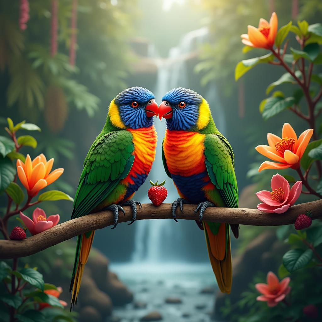  good quality, high quality, pair of lovebirds sharing a berry in a vibrant rainforest setting, with cascading waterfalls and colorful tropical flowers