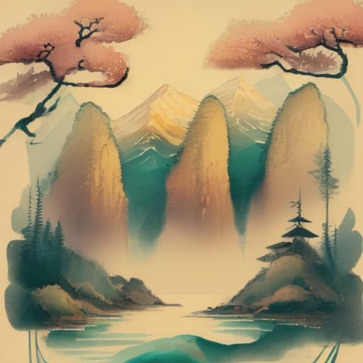  Chinese style landscape painting, mountains, rivers, clouds