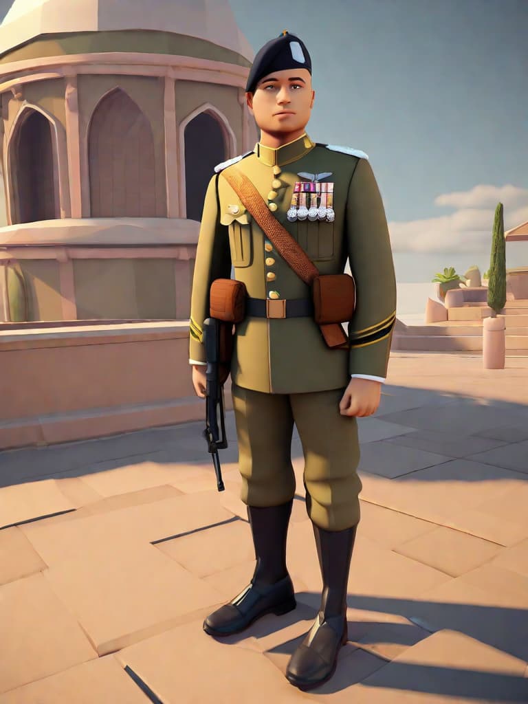  masterpiece, best quality, Soldier, military uniform, low-poly (2.5), character for a 3d platformer game, full-length (1.0), warm light