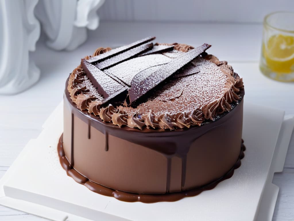  A closeup, ultrahigh definition image of a perfectly sliced chocolate mousse cake with a velvety smooth texture on top, contrasted with a layer of delicate, crispy chocolate shards. The cake is elegantly presented on a simple, white ceramic plate, showcasing the intricate layers and textures of the dessert. hyperrealistic, full body, detailed clothing, highly detailed, cinematic lighting, stunningly beautiful, intricate, sharp focus, f/1. 8, 85mm, (centered image composition), (professionally color graded), ((bright soft diffused light)), volumetric fog, trending on instagram, trending on tumblr, HDR 4K, 8K