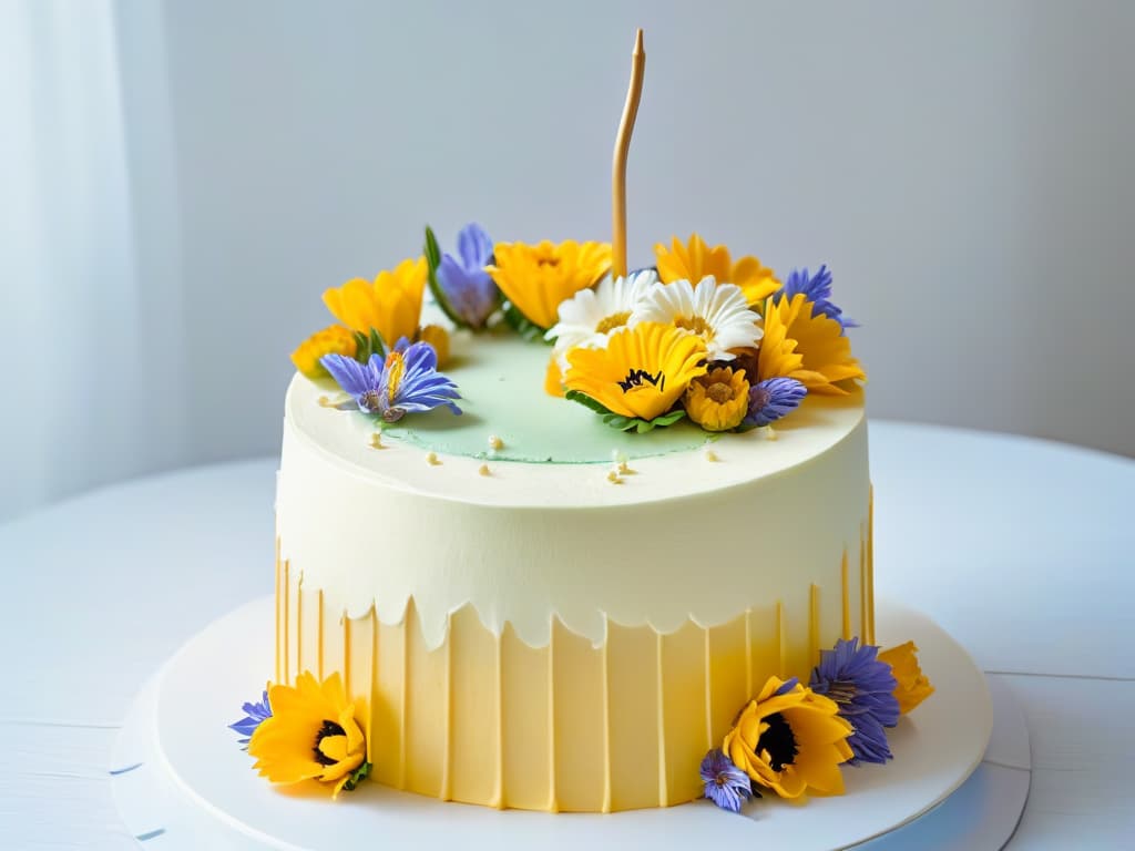  A minimalist, elegant illustration of a beautifully decorated cake surrounded by colorful flowers, showcasing intricate details and exquisite craftsmanship. The image exudes sophistication and creativity, with a focus on the artistry and skill involved in pastry making. The color palette is soft and harmonious, enhancing the overall aesthetic appeal and evoking a sense of luxury and delight. hyperrealistic, full body, detailed clothing, highly detailed, cinematic lighting, stunningly beautiful, intricate, sharp focus, f/1. 8, 85mm, (centered image composition), (professionally color graded), ((bright soft diffused light)), volumetric fog, trending on instagram, trending on tumblr, HDR 4K, 8K