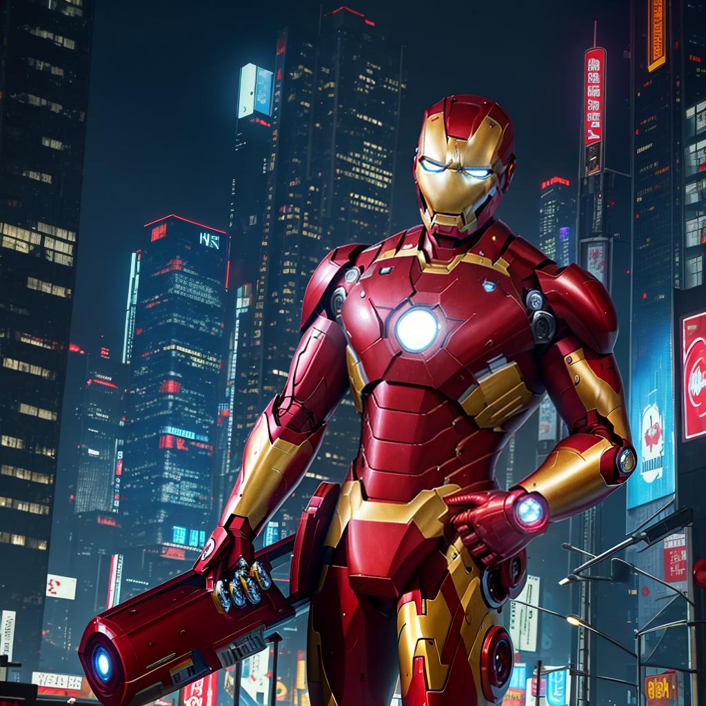  masterpiece, best quality, masterpiece, 8k resolution, realistic, highly detailed, Iron Man close-up. He stands on a street lined with tall buildings in a cyberpunk style city at night. The city's night lights are bright, and the surrounding buildings and streets are full of cyberpunk elements such as neon lights, high-tech equipment and futuristic architectural design.