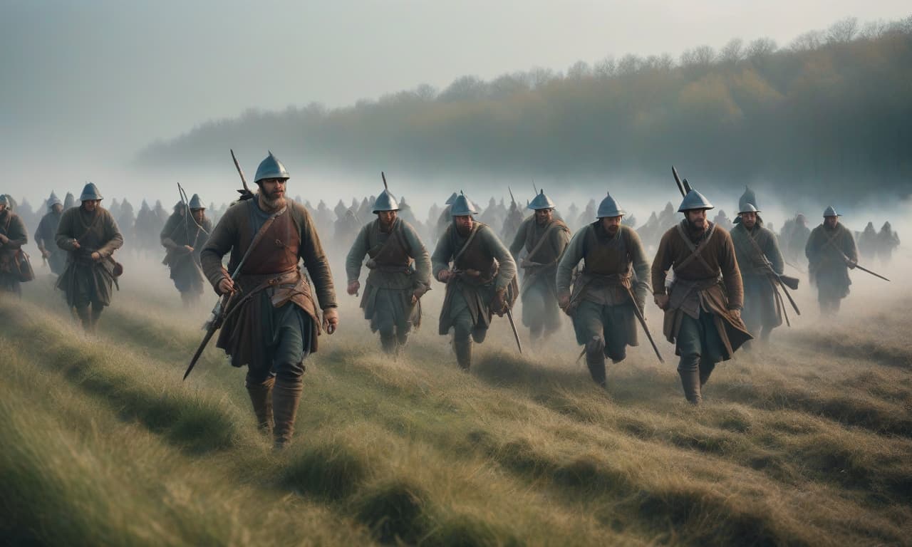  A poor medieval peasant militia, without helmets, advancing in rows across a field from above. hyperrealistic, full body, detailed clothing, highly detailed, cinematic lighting, stunningly beautiful, intricate, sharp focus, f/1. 8, 85mm, (centered image composition), (professionally color graded), ((bright soft diffused light)), volumetric fog, trending on instagram, trending on tumblr, HDR 4K, 8K